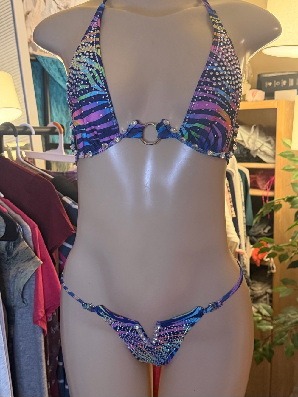 Custom Neon Zebra Rhinestone Competition Bikini Set S